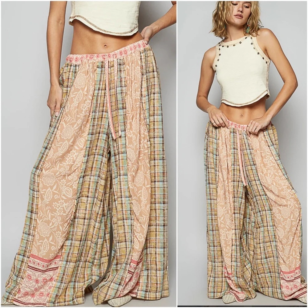 POL floral plaid print stretchy waist wide leg pants - Picture 1 of 2